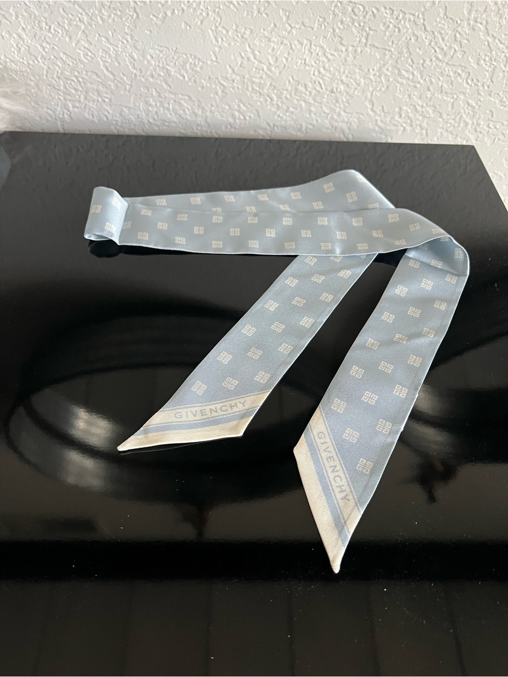 Givenchy Light Blue Silk Twilly with Cream Logo Stripe